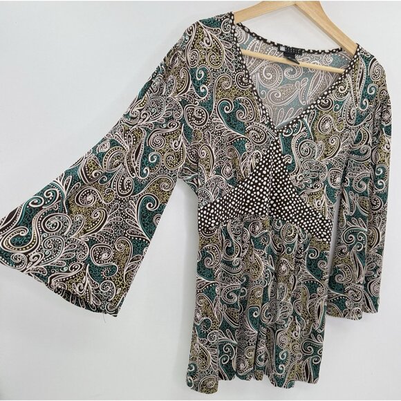 Carole Little Paisley Flared Slv‎ Liquid Knit Tie Back Blouse XL Boho Preppy Y2K - Picture 3 of 9